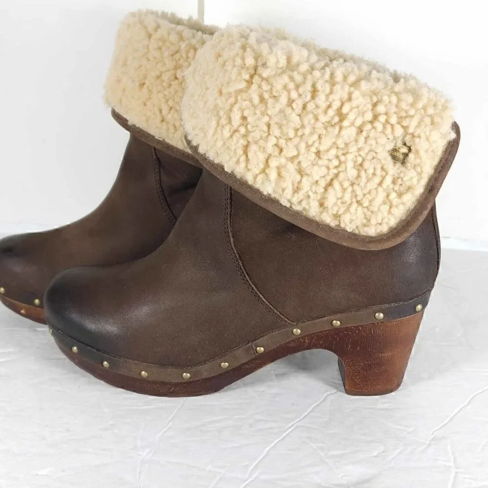 UGG Women's Lynnea US 7 Fold Over Leather Brown Shearling Cuff Clog Boot